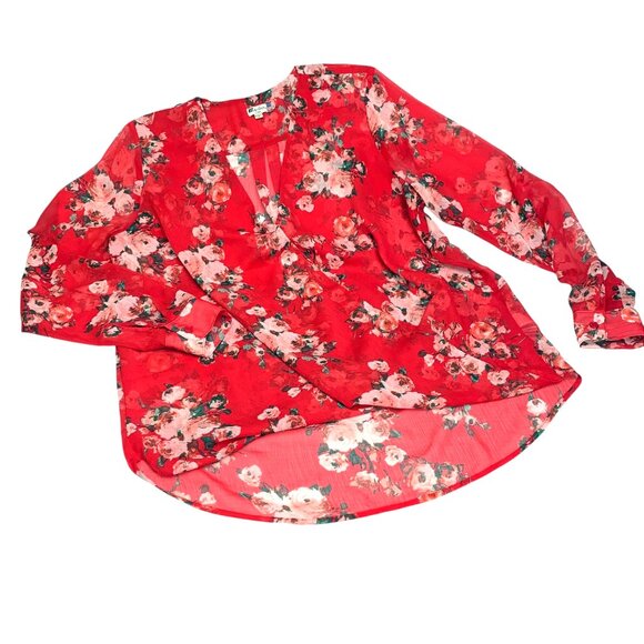 Kut From the Kloth Jenalee Sheer Red Floral Surplice Faux Wrap Blouse - Picture 7 of 9